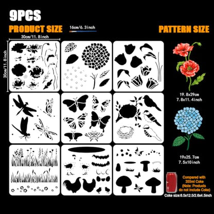 FINGERINSPIRE 9 Pcs Layered Animals and Plants Painting Stencil with Brush 11.8x11.8inch Butterflies Dragonflies Chickens Birds Drawing Template Tulips Hydrangeas Grass Mushrooms DIY Stencil - style: Layered Animals and Plants