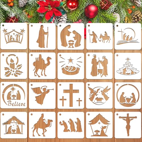 JULMELON 20Pcs Christmas Stencils Reusable, Nativity of Jesus for Painting | DIY Reusable Templates, for Painting on Wood Fabric Canvas, Religious Nativity Scene Christmas Stencils - style: Jesus Stencils