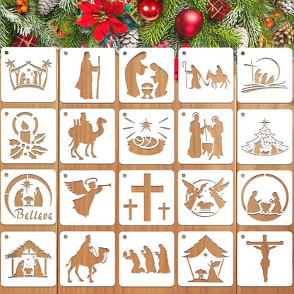 JULMELON 20Pcs Christmas Stencils Reusable, Nativity of Jesus for Painting | DIY Reusable Templates, for Painting on Wood Fabric Canvas, Religious Nativity Scene Christmas Stencils - style: Jesus Stencils