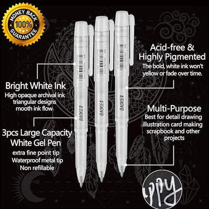 Qionew White Gel Pens Set,0.7mm Extra Fine Point, White Ink Gel Pens,3PCS | for Artists Drawing, Add Highlight, Opaque White Ink for Black Paper Drawing, Illustration, Bullet Journaling, Card Making - size: 1 Count (Pack of 3), style: 3 Pack White