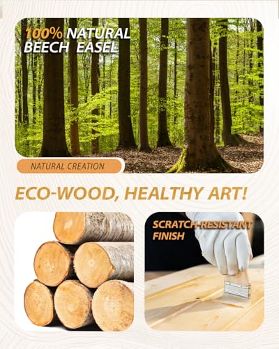 Painting Art Easel with Storage Tray, 57"-72" Height Adjustable Easel Stand | Non-foldable beech wood easel, H-frame artist easel stand for painting, Wooden floor easel holds canvas up to 36" - color: Natural