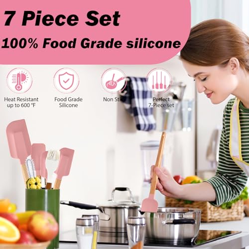 7 Piece Silicone Spatula Set, Food Grade Rubber Spatula Set with Wooden Handle, Heat Resistant Up to 600°F, Silicone Utensils Set for Baking, Cooking & Mixing, Jar, Non-Stick Kitchen Utensils(Pink) - color: Pink