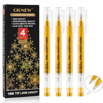 Qionew Gold Gel Pens, 1.0mm Gold Gel Pen Set,Gel Pen for Artists, 4 Pack | Gold Opaque Ink Pens, Gel Pen for Artists, for Black Paper Drawing, Bullet Journaling, Card Making, Art Highlight - size: 1.0 mm, style: Gold