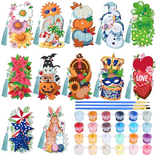 Kosiz 12 Pcs Festival Paint by Number Kit for Adult Wood Bookmark | Mini Paint by Numbers Kit, Painting Decor, Tiny Tassels Blank Bookmarks, for Small DIY Craft Book Lovers Gift 7x2 '' - style: Festival