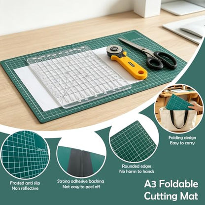Rotary Cutter Set with A3 Self-Healing Cutting Mat, 2 Blades, Slotted Quilting Ruler – Complete Kit for Fabric Cutting, Quilting, Patchwork, Sewing & DIY Crafts