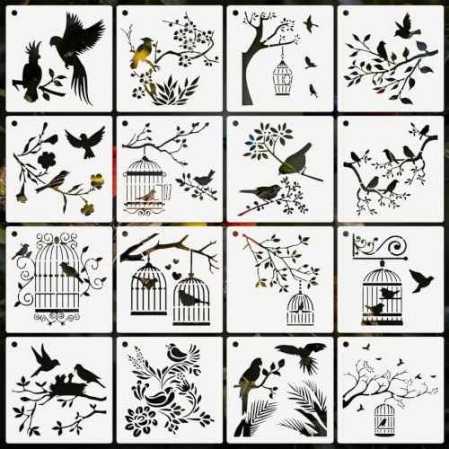 Bird Stencils for Crafts Reusable 16Pcs Stencils(7.7X7.7 Inch) | DIY Art Painting Stencil Furniture Decor Kit for Wood Embroidery Wall Silk Screen Journaling - color: Bird