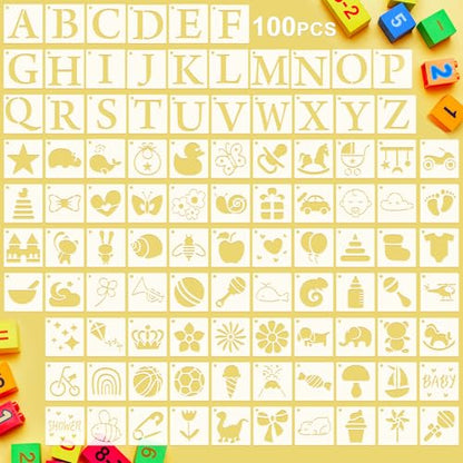 Fainne 100 Pcs 1.5 Inch Small Stencils for Crafts,Letter, Baby Shower | Reusable Painting Stencils for Wood Wall Card Making Scrapbooking Journaling, Portable Craft Templates - style: Letter, Baby Shower