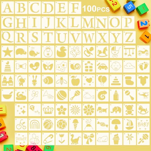 Fainne 100 Pcs 1.5 Inch Small Stencils for Crafts,Letter, Baby Shower | Reusable Painting Stencils for Wood Wall Card Making Scrapbooking Journaling, Portable Craft Templates - style: Letter, Baby Shower