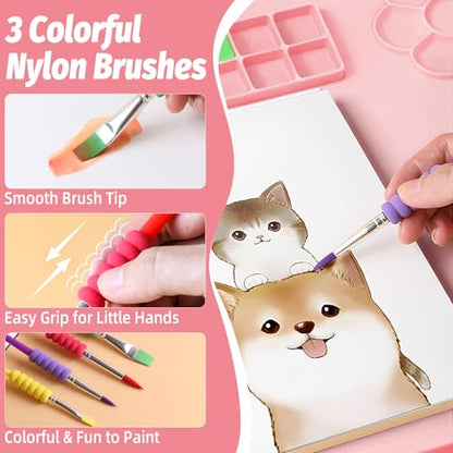 Silicone Painting Mat, 23.6x15.8in Art Drawing Mat with Brushes | For children DIY art watercolor clay use, table protection craft mat, painting station with cup palette cleaning cup, pink - color: Pink
