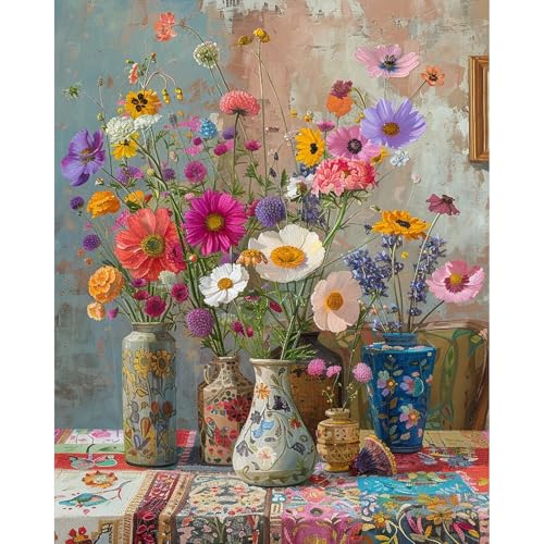 PRASIO Flowers Paint by Numbers Kit for Adults Beginner 16x20 Inch | DIY Acrylic Adult Paint by Numbers Kit on Canvas, Crafts for Adults, for Home Decor, for Gift - color: XM-OP-ColorfulVases-4050