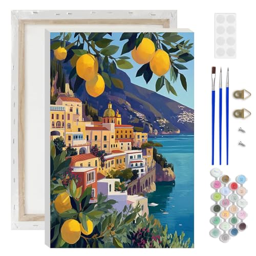 Lxmsja Amalfi Coast Paint by Numbers Kit for Adults, Lemon Trees Acrylic Paint by Numbers for Adults Beginner, DIY Craft Supplies Oil Painting Kits for Home Wall Decor 8x12 inch (Framed) - color: yellow#098