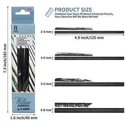 MyLifeUNIT 6 Pack Compressed Charcoal Sticks (2 Soft, 2 Medium and 2 Hard), 48 PCS Willow Charcoal Pencils for Artists Drawing