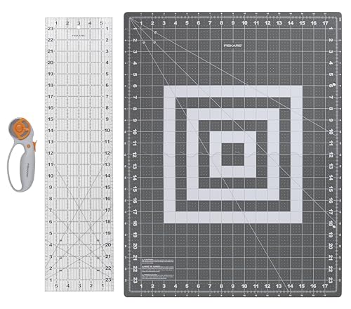 Fiskars 3-Piece Fabric Cutting Set, Rotary Cutter, Cutting Mat & Ruler | 45mm Ergonomic Loop Rotary Cutter w/ Blade, Sewing Ruler to Cut Directly from the Bolt, Folding Cutting Mat for Easy Storage
