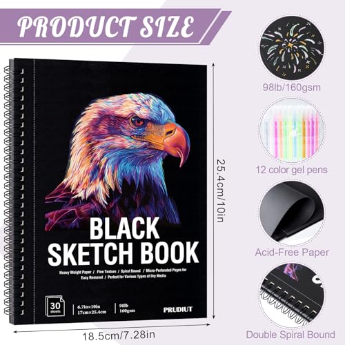 Black Paper Sketchbook Set, 6.7 × 10 in, 30 Sheets, 12 Gel Pens | 160gsm Acid-Free Paper, Spiral Bound, Tear-Out Pages, Hardcover, for Gel Pens, Chalk, Metallic Markers - size: 6.7×10in Set