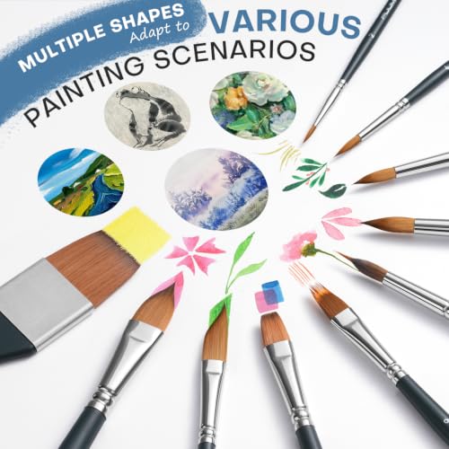Fuumuui Watercolor Brush Set, 10Pcs Professional Soft Synthetic Hair Paint Brushes - Wide Flat, Dagger, Cat's Tongue, Extended Needle, Round, Grainer for Watercolor Gouache Inks Painting - color: Black10