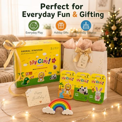 Air Dry Clay Kit, 12 Animals Kingdom Modeling Clay for Kids, DIY Model Magic Clay with Tools&Idea Cards, Soft&Non-Sticky, Safe&Non-Toxic Magic Clays, Creatible Art Crafts Toys Gifts for Boys Girls - color: 12 Packs Animal Kingdom Kit