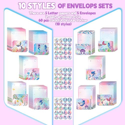 TaoBary 160 Pcs Mermaid Stationery Paper and Envelopes Set 50 Double Sided Lined Stationery Paper with 50 Matching Envelopes and 60 Round Dot Sticker 5.5 x 8.25'' Letter Writing Kit, 10design - size: 5.5 x 8.25 Inch, style: Mermaid