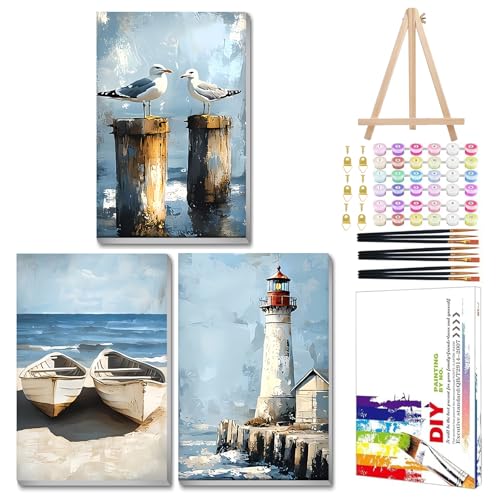 Mandun Beach Paint by Numbers Kit for Adults, 3 Pack, 7.8x11.8 inch | DIY Painting Kits Crafts for Adults, Relieve Stress, Frame Canvas, Wooden Easel, Gift Box, Home Wall Decor - color: 3 Pack Beach