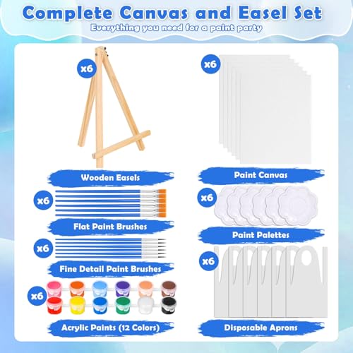 6 Pack Paint and Sip Kit for Adults Girls Night, 8x10In Canvas Painting Kit | Flat Canva Boards with Easel Stands, Mini Acrylic Paint, Brushes, Paint Party Supplies, Date Night Painting Kit for Couples