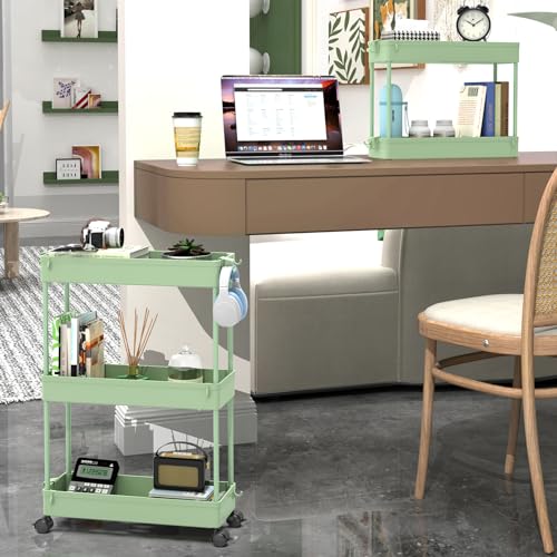 SPACEKEEPER Slim Rolling Storage Cart, 3 Tier Bathroom Cart Organizer,Green | Narrow Rolling Cart with Wheels for Kitchen Office Bathroom Laundry Room,Mobile Utility Cart for Craft Art Makeup Nail Polish - color: Green