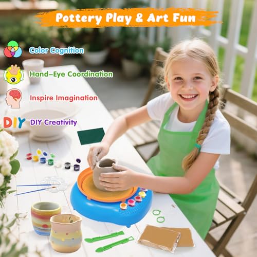 Pottery Wheel for Kids with Air Dry Clay Kit, 12 Paints & Tools, Ages 6-12 | No kiln needed: shape on the electric wheel, air-dry & paint. Gentle beginner speed; kit adds 3 clay packs, tools & apron - color: yellow/blue