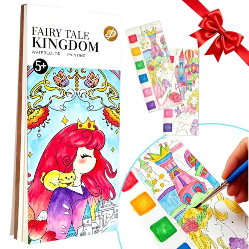 Pocket Watercolor Painting Book, 12-Page Travel Set for Kids 5+ Years, Art Craft Gift for Boys and Girls, Birthday and Christmas Party （Fairy Tale Kingdom - color: Magic Tale Kingdom