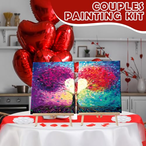 Zhanmai 2 Pack Sip and Paint Kit for Couples Date Night | 12 x 16 Inch, Love Tree Pre Drawn Canvas, Paint Party Supplies, Romantic Adult Activity, Includes Easels Aprons Brushes Set - size: 12 x 16 Inch, style: Tree of Love