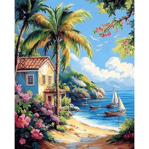 obterie Beach Paint by Numbers Kit for Adults Beginner Scenery Oil Painting Kit Adult Paint by Number Kits on Canvas DIY Painting for Beginners Art by Numbers for Gifts Home Wall Decor 16x20 Inch - color: YF040