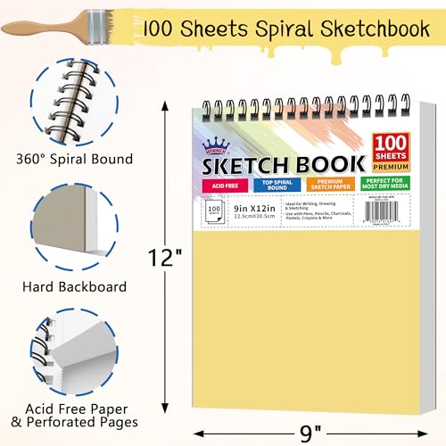 WINNER 9" x 12" Sketch Book 4 Pack, 400 Sheets Spiral Bound Art Sketchbook, 68lb/100gsm White Acid Free Drawing Pad, Sketching Doodling Drawing Writing Sketch Pad, Back to School Art Supplies, Yellow - color: Yellow, size: 9"x12"