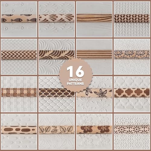 Conderyang 16Pcs Wooden Clay Texture Roller Set Clay Modeling Pattern Rollers Wooden Texture Rollers Wood Pottery Tools Pottery Tool Set for Artists Art Creation Ceramic DIY, 4In x 0.6In（Style 1) - color: Style 1
