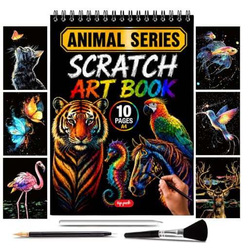 Scratch Art Book for Adults - Animal Series, 10 Rainbow Art and Crafts for Adults | Adult scratch art & foil art for adults kit | stress relief scratch painting, screen-free travel craft | scratch art adult - color: Animal Series