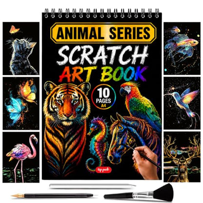 Scratch Art Book for Adults - Animal Series, 10 Rainbow Art and Crafts for Adults | Adult scratch art & foil art for adults kit | stress relief scratch painting, screen-free travel craft | scratch art adult - color: Animal Series
