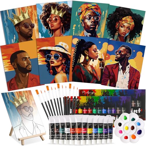 Cholemy 36 Pcs Paint and Sip Kit Gift for Adults 8''x10'',Black Women | Pre Drawn Canvas, Painting DIY Afro Acrylic Painting Kit, Wood Easel Brushes, Date Night Bulk, Summer Halloween Party - style: Black Women