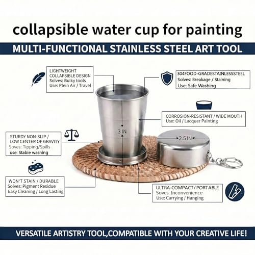 304 Stainless Steel Collapsible Paint Brush Washer- Portable Watercolor Water Cup with Keychain, Solvent Safe Metal Foldable Painting Cup for Travel, Plein Air, Oil & Acrylic Art Supplies (2)