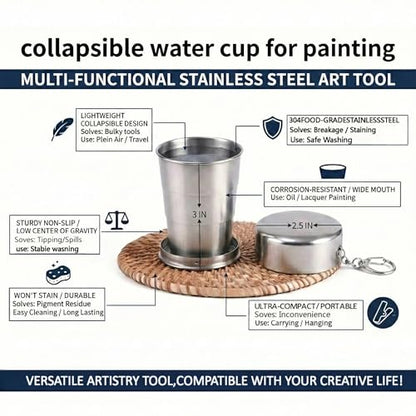 304 Stainless Steel Collapsible Paint Brush Washer- Portable Watercolor Water Cup with Keychain, Solvent Safe Metal Foldable Painting Cup for Travel, Plein Air, Oil & Acrylic Art Supplies (2)