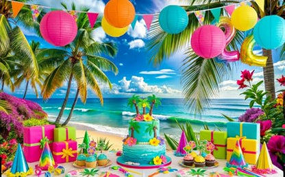 8x6ft Summer sea Backdrop Tropical Beach Plants Photo Backdrop Hawaiian Ocean Blue Sky Background for Theme Party Supplies Studio Props - size: 8x6ft