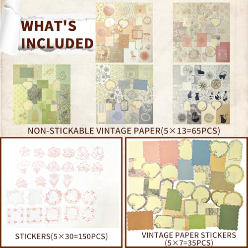 250Pcs Vintage Journal Supplies Kit,Scrapbook Papers Stickers