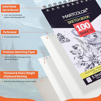 MARTCOLOR Charcoal Drawing Set, 19 Pieces, Black & White Charcoal Pencils and 5.5X8.5” Premium Sketch Book Set, 1 Pack, 100 Sheets(68 lb/100gsm) Sketchbook