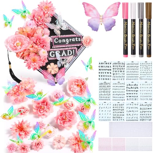 Lyrow 51 Pcs DIY Graduation Cap Decorations Kits Included Grad Cap Pens Faux Flowers Letter Number Stencils Rhinestones Stickers 3D Butterflies for Grad Hat Topper Decors Craft Art DIY(Bright Pink) - color: Bright Pink