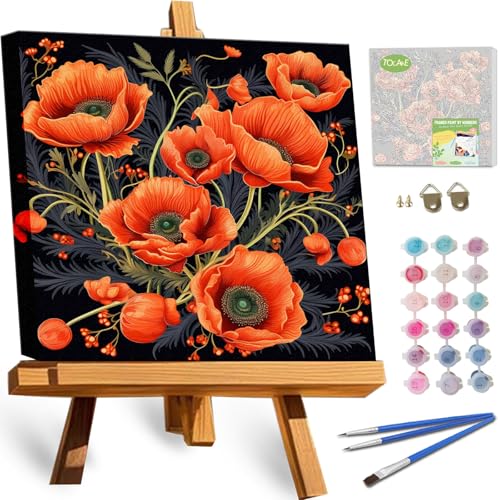 TOCARE Framed Paint by Numbers Kit for Adults Beginners, 12x12inch Red Poppy Paint by Number with Frame,Easy Flowers Paint by Numbers Framed Canvas (Without Easel) - color: TC-F-222