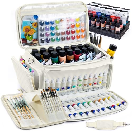 SFYBYHEART Quilted Acrylic Paint Organizer Bag with 13" Brush Holder Case, Art Supply Storage Bag with Foam Inserts for Bottles & Tubes, Large Craft Paint Organizer for Artists - color: Ivory