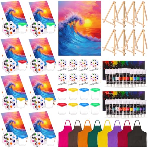 Cholemy 8 Set Paint and Sip Kit for Adults 8'' x 10'' Pre Drawn Canvas with Wooden Easels Acrylic Paint Brushes Wash Cup Palette Apron for Painting DIY Date Night Party Supplies(Sea Wave) - style: Sea Wave