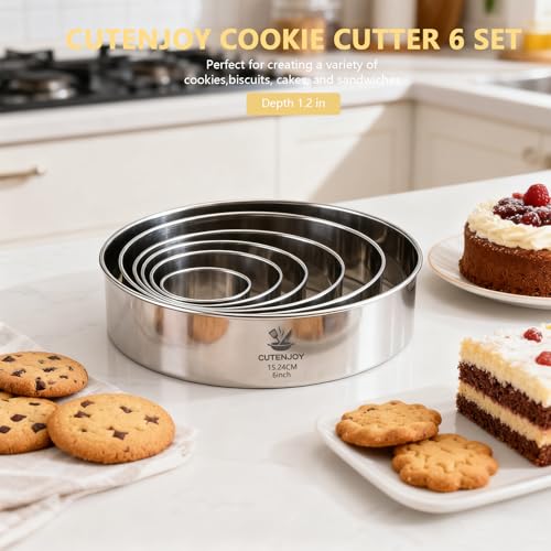 6-Piece Round Cookie Cutters (2, 3, 3.5, 4, 5, 6 Inch) Biscuit Cutter Set | Dishwasher Safe, Laser-Etched Sizes, Stainless Steel Circle Cookie Cutter for Baking, Thick Dough, Biscuits & Fondant - size: 6 Sizes Round Cutters