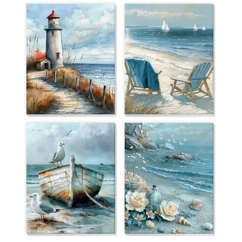 NEWENMO 4 Pack Paint by Numbers Kit for Kids Beginner with Wooden Frame, Lighthouse, Beach, Paint by Numbers Kit for Adults, Coastal Landscape, DIY Painting Kits for Home Wall Decor 8x10 inch - color: beach-02