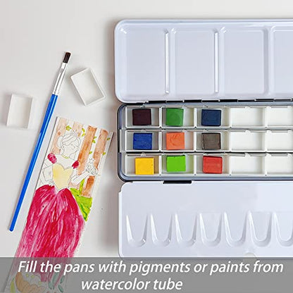 FCLUB Empty Watercolor Palette Paint Tin with 21Pcs Watercolor Full Pans | Medium Metal Watercolor Palette, Empty 3ML Full Pans, Folding Paint Tray with Lid, Paint Refills, Color Mixing, Art Painting - style: Tin Box with 21 Full Pans