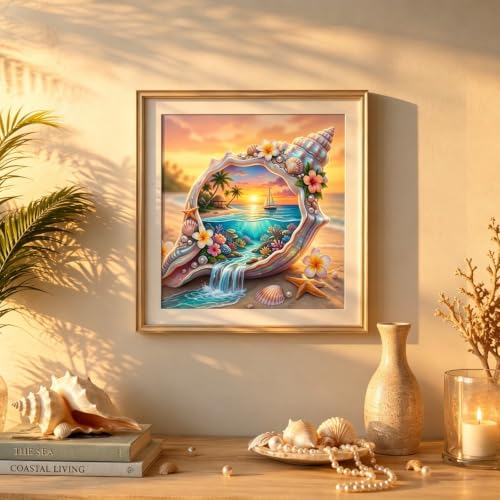 5D Seashell Beach Diamond Art kits for Adults Beginners 13.8x13.8 Inch - color: KM1179-1