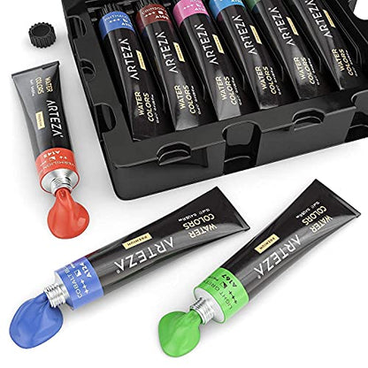 Arteza Watercolor Paint Set and Stretched White Blank Canvas Multi Pack Bundle, Painting Art Supplies for Artist, Hobby Painters & Beginners