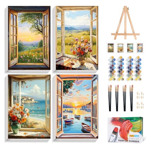 4 Pack Paint by Numbers Kit for Adults with Frame, Window DIY Painting Kit | with Wooden Easel, DIY Acrylic Painting Craft for Beginners, Stress Relief, Home Wall Decor, Nature Lovers, 8 x 12 Inch - color: CYOP4P01
