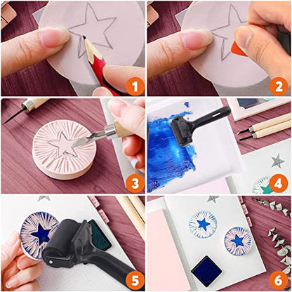13Pcs Rubber Stamp Making Kit with Stamp Block, Rubber Brayer Roller,Rubber and Wood Carving Cutting Tool, Block Printing Starter Tool Kit for Inking Blocks Carving and Printmaking