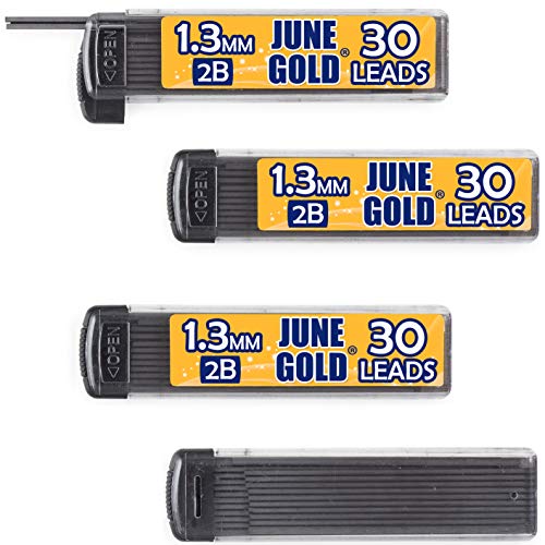 June Gold 1.3 mm, 120 Lead Refills, 2B, 4 Dispensers/w 30 Pieces Each | Medium Bold Thickness, Break Resistant Graphite, Elegant Dispensing Mechanism - color: 2b Graphite, style: 1.3 mm